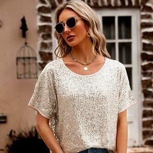 Sucolan Women's Champagne Sequin Top Sparkly Glitter Blouse Sequined Short Sleev